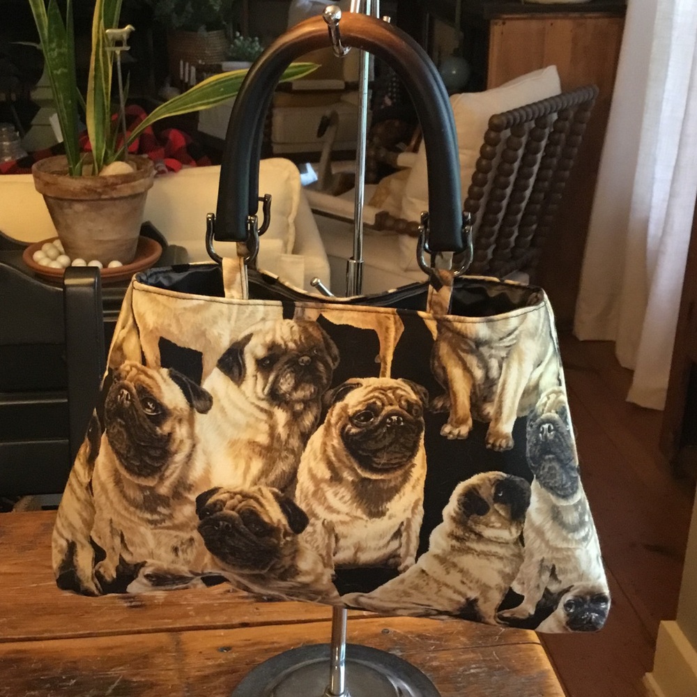 Pug-Print Shoulder Bag in Beige and Black